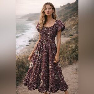 Ulla Johnson Floral Cotton Peasant Midi Dress Burgundy Size 0 Boho Prairie